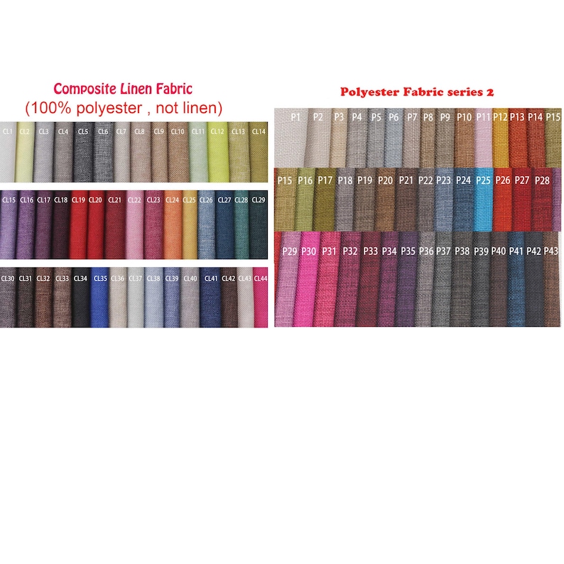 May include: A fabric swatch display featuring two sections. The left section is labeled Composite Linen Fabric (100% polyester, not linen) with swatches CL1-CL44. The right section is labeled Polyester Fabric series 2 with swatches P1-P43.