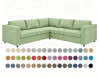 May include: An L-shaped sectional sofa upholstered in light green fabric with square arms and back cushions. Below the sofa, a grid of circular fabric swatches displays a wide variety of colors and textures, including neutrals, brights, and dark tones.