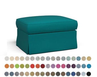May include: A teal upholstered ottoman with a square top and a skirted base. The image also displays a color palette of fabric swatches in various colors, including neutral tones, reds, pinks, blues, and browns, for customization options.