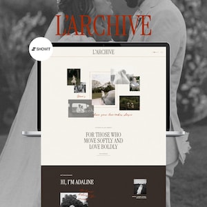 May include: A laptop displays a website with the text "L'ARCHIVE" in red. The website features a collage of wedding photos and the text "FOR THOSE WHO MOVE SOFTLY AND LOVE BOLDLY". A couple is blurred in the background.