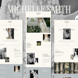K&ouml;nnte beinhalten: Ein Website-Design mit dem Namen "MICHELLE SMITH" in gro&szlig;er Schrift. Das Design umfasst drei Website-Mockups mit Bildern und Text, die das Portfolio eines Fotografen pr&auml;sentieren. Die &Auml;sthetik ist elegant und minimalistisch, mit Fokus auf Hochzeitsfotografie.
