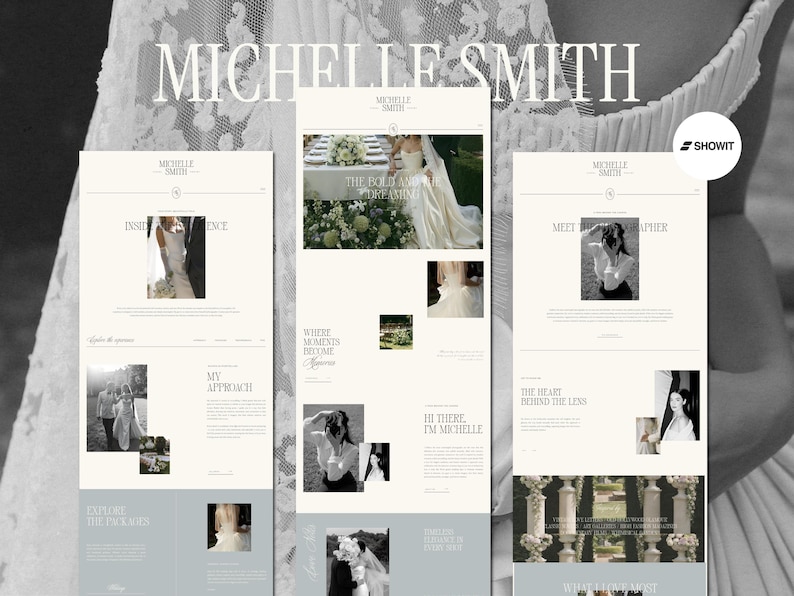 K&ouml;nnte beinhalten: Ein Website-Design mit dem Namen "MICHELLE SMITH" in gro&szlig;er Schrift. Das Design umfasst drei Website-Mockups mit Bildern und Text, die das Portfolio eines Fotografen pr&auml;sentieren. Die &Auml;sthetik ist elegant und minimalistisch, mit Fokus auf Hochzeitsfotografie.