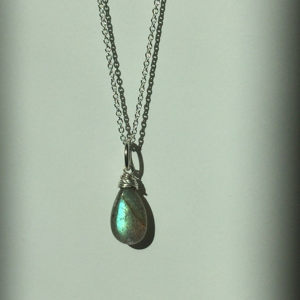 Sterling Silver Necklace with Wrapped Labradorite Briolette