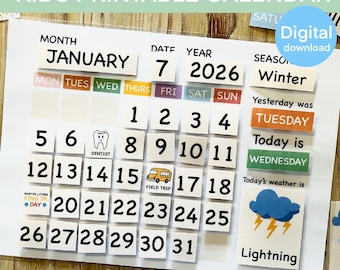 Calendario stampabile per bambini: apprendimento per i più piccoli, decorazioni per l'aula della scuola materna, istruzione parentale (download digitale)