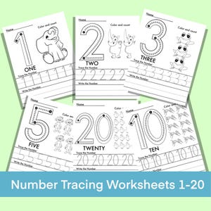 Number Tracing Worksheets 1-20 Preschool Math Worksheets Tracing Numbers and Coloring Handwriting Practice Kindergarten Homeschool Learning