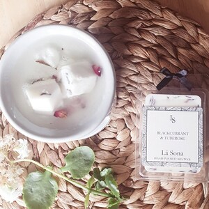 Blackcurrant and Tuberose. Individually hand poured natural, vegan friendly soy wax melts.