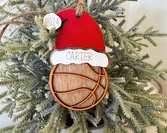Sports Theme Ornament | SVG Laser Cut File | Glowforge Lightburn Xtool Tested | Basketball with Holiday Hat