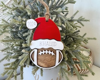 Sports Theme Ornament | SVG Laser Cut File | Glowforge Lightburn Xtool Tested | Football with Holiday Hat