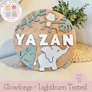 Resibel Baby Kinderzimmer Dschungel Tier Thema Namensschild | SVG Digitale Laser-Datei | Glowforge Lightburn Silhouette Getestet