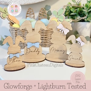Service de table autoportant Bunny Rabbits | 2 tailles | Noms de famille SVG Fichier de coupe gravé au laser Glowforge & Lightburn testé | Lapins