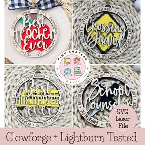 4 File School Bundle Ornament SVG Laser Cut File | Glowforge + Lightburn Tested | 2 Layer | Backing is Optional | Descriptive Words