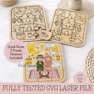 May include: Wooden jigsaw puzzles with Islamic designs. The puzzles feature mosque, moon, and star illustrations. One puzzle shows a couple praying on a prayer rug. The text "Quick Score 3 Puzzle Versions Included!" is visible.