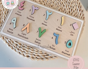 Wood Arabic Numbers Puzzle | Kids Learning | Laser Cut SVG Digital File | Glowforge & Lightburn Tested
