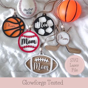 Ornements de sport maman | Charme de voiture | Fichier de coupe gravé au laser SVG | Glowforge prêt et testé | Cadeaux | Base-ball | Football | Football | Le hockey