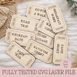 Idéer för dejtkvällar, biljetter, tokenspaket | Alla hjärtans dag-presenter | Testad med Glowforge och Lightburn | Digital laserskärfil med SVG