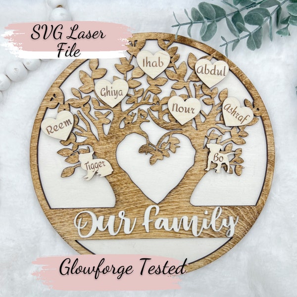 Interchangeable Our Family Tree SVG Laser Engraved Cut File | Grandkids |  + Pets (Cat + Dog) Glowforge & LIGHTBURN Tested | Wood File