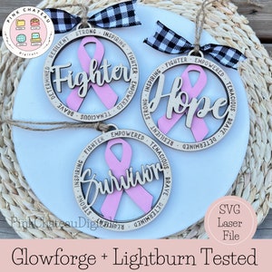 3x Krebs Band Ornament SVG Laser Cut Datei | Hoffnung Kämpfer Überlebender | Glowforge & Lightburn getestet | 2-lagig | Optional mit Rückseite