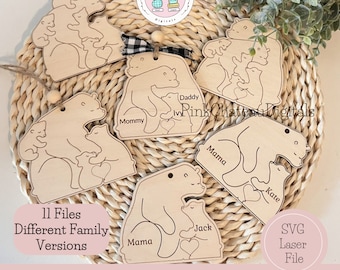 ¡11 versiones! Adorno de abrazo de osos familiares / ¡PUNTUACIÓN rápida! / Archivo de corte grabado con láser SVG / Archivo de madera / Glowforge y Lightburn probados
