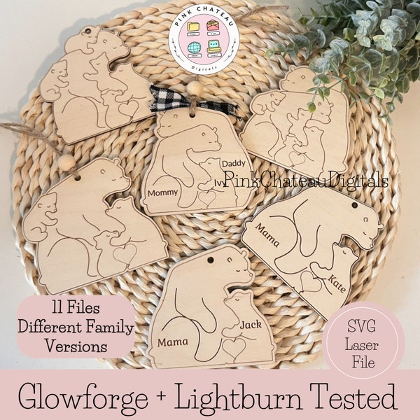 11 Versions! Family Bears Hugging Ornament | Quick SCORE! | SVG Laser Engraved Cut File | Wood File | Glowforge and Lightburn Tested