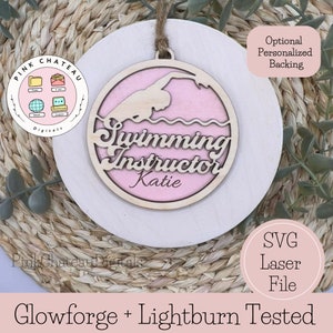 Swimming Instructor Ornament SVG Laser Cut File | Glowforge and Lightburn Tested | Optional Personalized Backing
