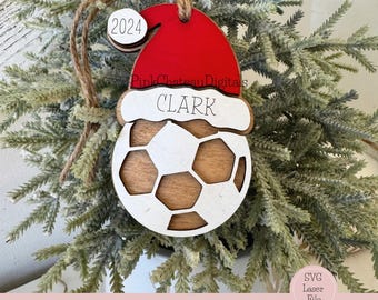 Sports Theme Ornament | SVG Laser Cut File | Glowforge Lightburn Xtool Tested | Soccer with Holiday Hat