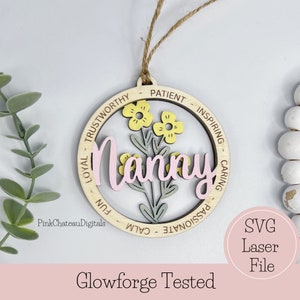 NANNY Ornement SVG Fichier de coupe gravé au laser | Mots descriptifs inspirants | Glowforge prêt et testé | Lime à bois coupée sur mesure