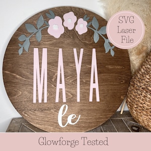Bordure florale SVG pour nom rond fichier découpé au laser | Prêt et testé pour Glowforge | Lime à bois | 10" 12" 16" 18" Redimensionnable