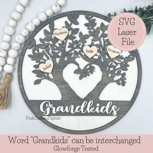 Interchangeable Family Tree SVG Laser Engraved Cut File | Grandkids | Engraved Name Hearts Glowforge & Lightburn Tested | Wood File
