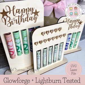 May include: A wooden birthday money holder with slots for bills. The holder is decorated with the words "Happy Birthday" and stars. The holder is designed to be used with rolled bills. The holder is made of wood and is laser cut.