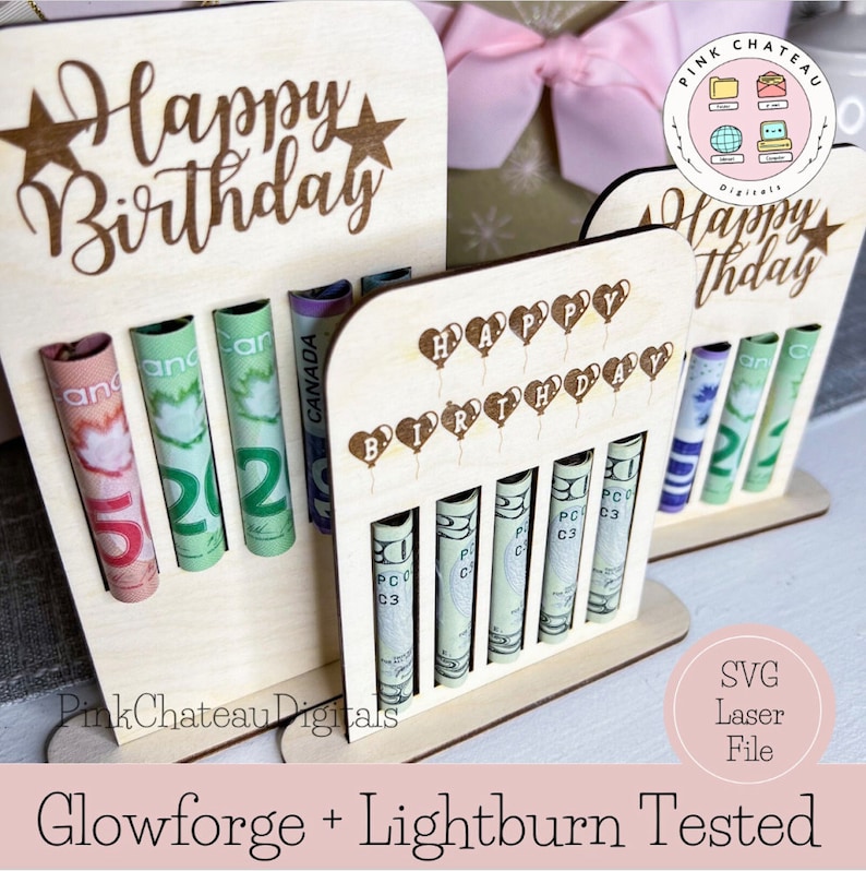 May include: A wooden birthday money holder with slots for bills. The holder is decorated with the words "Happy Birthday" and stars. The holder is designed to be used with rolled bills. The holder is made of wood and is laser cut.