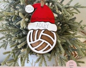 Sports Theme Ornament | SVG Laser Cut File | Glowforge Lightburn Xtool Tested | Volleyball with Holiday Hat