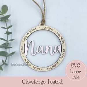 Arquivo de corte gravado a laser SVG de ornamento NANA | Palavras descritivas inspiradoras | Glowforge pronto e testado | Arquivo de madeira cortado personalizado