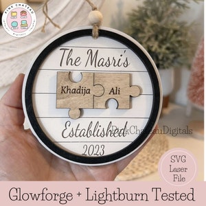 Nombre de pareja Adorno de pieza de rompecabezas / Archivo de corte grabado con láser SVG / Archivo de madera / Glowforge y Lightburn probado
