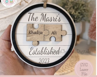 Nombre de pareja Adorno de pieza de rompecabezas / Archivo de corte grabado con láser SVG / Archivo de madera / Glowforge y Lightburn probado