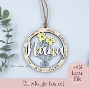 NANA Ornament SVG Archivo de corte grabado con láser / Palabras descriptivas inspiradoras / Glowforge listo y probado / Archivo de madera de corte personalizado