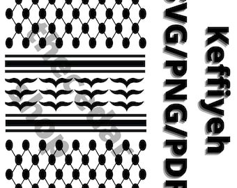 May include: Black and white digital design featuring a geometric pattern with a repeating motif of circles and diamonds. The design is divided into three sections, with the top and bottom sections featuring the same pattern and the middle section featuring a row of stylized bird shapes. The text "SVG/PNG/PDF" and "keffiyeh" is displayed on the right side of the image.
