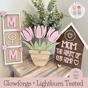 Conjunto de pacote de mini sinais para mãe mais vendida de 3 peças | Arquivos de corte SVG gravados a laser | Glowforge e Lightburn testados | Ótimo para o aniversário do Dia das Mães +