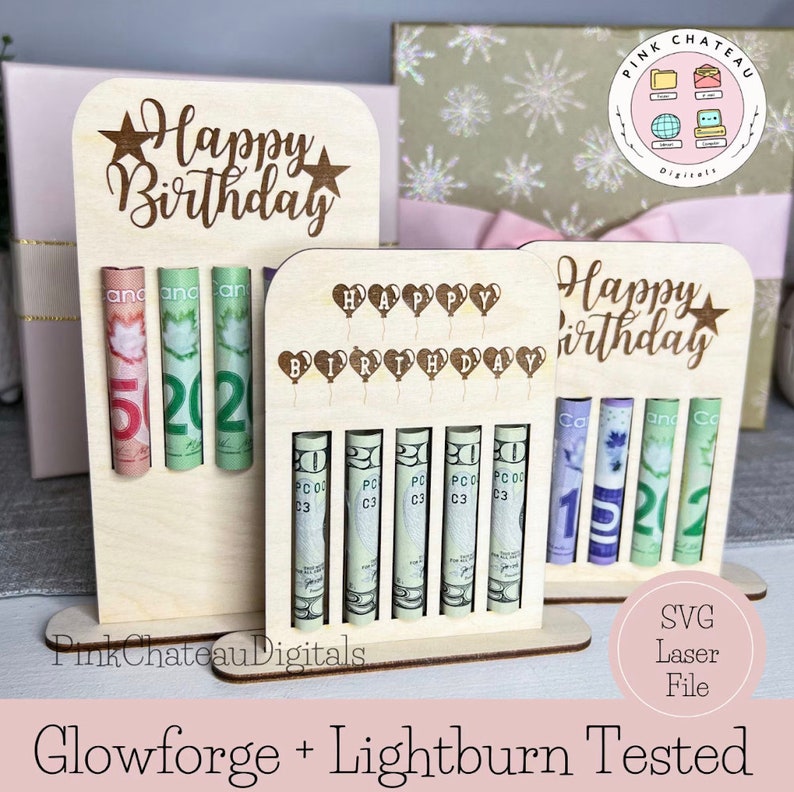 May include: A wooden money holder with the words "Happy Birthday" engraved on it. The holder has slots for rolled up bills and is decorated with stars and balloons. The holder is designed to be used as a gift for a birthday.