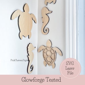 May include: A set of five wooden cutouts of sea creatures, including two sea turtles and three seahorses. The cutouts are laser cut and ready to be painted or stained. The image includes the text "Glowforge Tested" and "SVG Laser File".