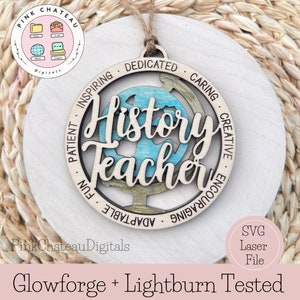 History Teacher Ornament SVG Laser Cut File | Glowforge + Lightburn Tested | 2 Layer | Backing is Optional | Descriptive Words