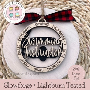 Swimming Instructor Ornament SVG Laser Cut File | Glowforge + Lightburn Tested | 2 Layer | Backing is Optional | Descriptive Words