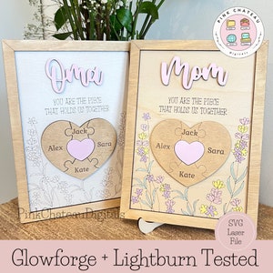 Letrero de corazón para mamá (piezas de rompecabezas, 2-7 corazones, nombre, puntuación rápida, archivo SVG cortado por láser, Glowforge XTool Lightburn). Caballete no incluido.