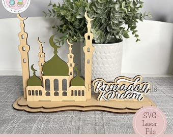 3D Mosque Silhouette Home Decor Interchangeable Sign / Eid Mubarak Islamic Laser Cut SVG Digital File | Glowforge and Lightburn Tested