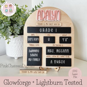 Placa personalizada de volta às aulas para o primeiro dia de aula com foto "Tudo sobre mim" | Arquivo digital SVG a laser | Testado pela Glowforge Lightburn