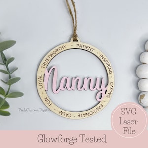 Arquivo de corte gravado a laser SVG de ornamento NANNY | Palavras descritivas inspiradoras | Glowforge pronto e testado | Arquivo de madeira cortado personalizado