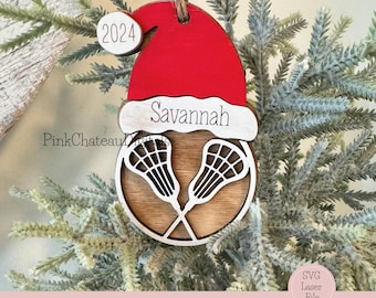 Sports Theme Ornament | SVG Laser Cut File | Glowforge Lightburn Xtool Tested | Lacrosse With Holiday Hat