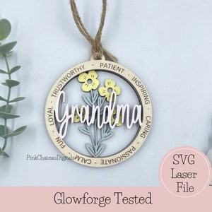 GRANDMA Ornament SVG File di taglio inciso al laser / Parole descrittive ispiratrici / Glowforge pronto e testato / File di legno tagliato personalizzato