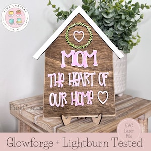 Arquivo de corte gravado a laser SVG | Mãe, o coração da nossa casa | Grande presente de aniversário | Dia das Mães | Glowforge e Lightburn testados | Arquivo de madeira