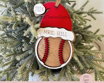 Sports Theme Ornament | SVG Laser Cut File | Glowforge Lightburn Xtool Tested | Baseball with Holiday Hat