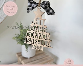 2026 Family Name Ornament Tree Shape | 9 Ready Templates 2-10 Names SVG Laser Engraved Cut File | Glowforge & Lightburn Tested